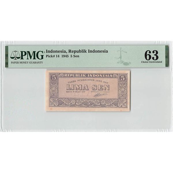 Indonesia 5 Sen 1945 Pick 14 PMG Choice Uncirculated 63
