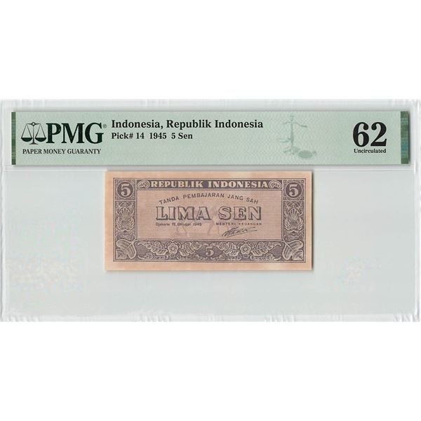 Indonesia 5 Sen 1945 Pick 14 PMG Uncirculated 62
