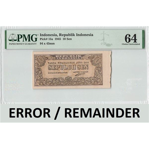 Indonesia 10 Sen 1945 Error / Remainder Pick 15a PMG Choice Uncirculated 64