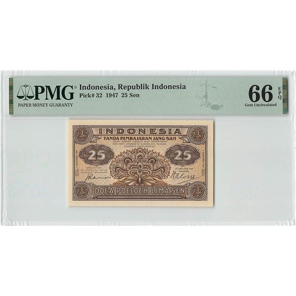 Indonesia 25 Sen 1947 Pick 32 PMG Gem Uncirculated 66 EPQ