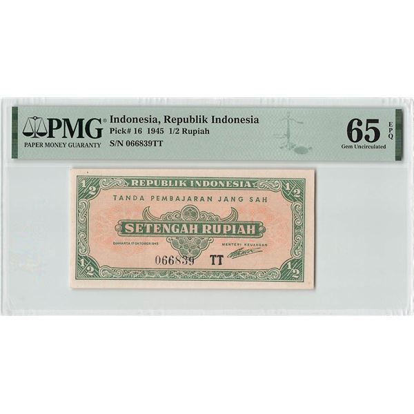 Indonesia ½ Rupiah 1945 Pick 16 PMG Gem UNC 65 EPQ