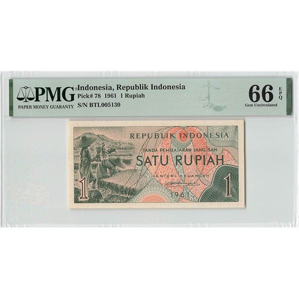 Indonesia 1 Rupiah 1961 Pick 78 PMG Gem Uncirculated 66 EPQ