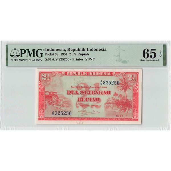 Indonesia 2½ Rupiah 1951 Pick 39 PMG Gem Uncirculated 65 EPQ