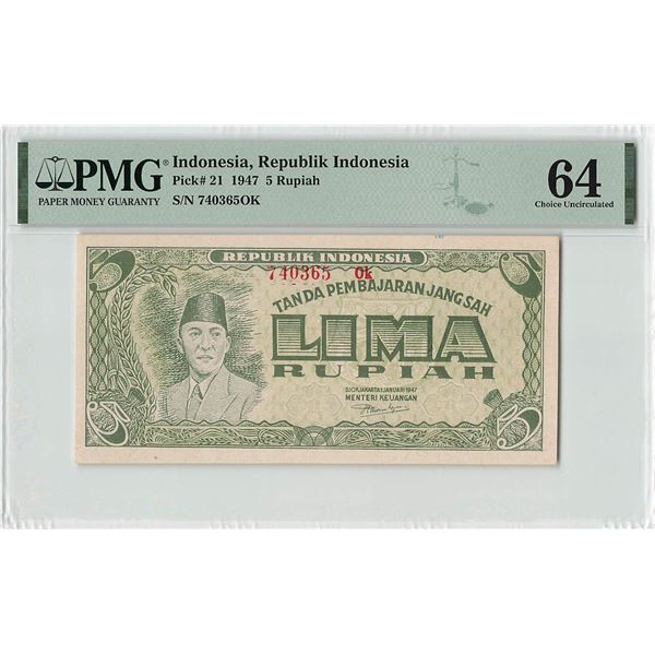 Indonesia 5 Rupiah 1947 Pick 21 PMG Choice Uncirculated 64