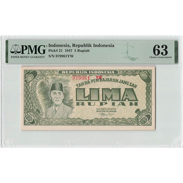 Indonesia 5 Rupiah 1947 Pick 21 PMG Choice Uncirculated 63