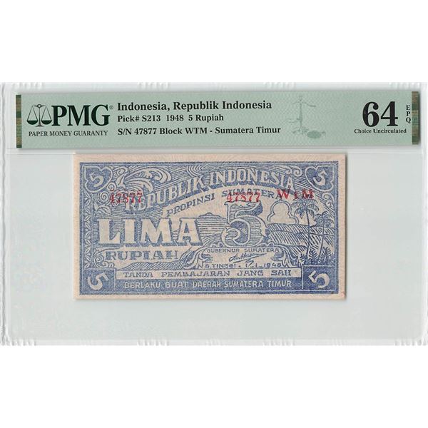 Indonesia 5 Rupiah 1948 Pick S213 PMG Choice Uncirculated 64 EPQ
