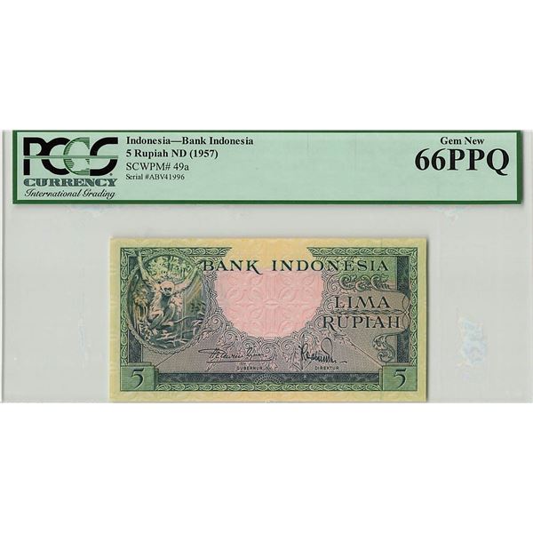 Indonesia 5 Rupiah 1957 Pick 49a PCGS Gem New UNC 66 PPQ