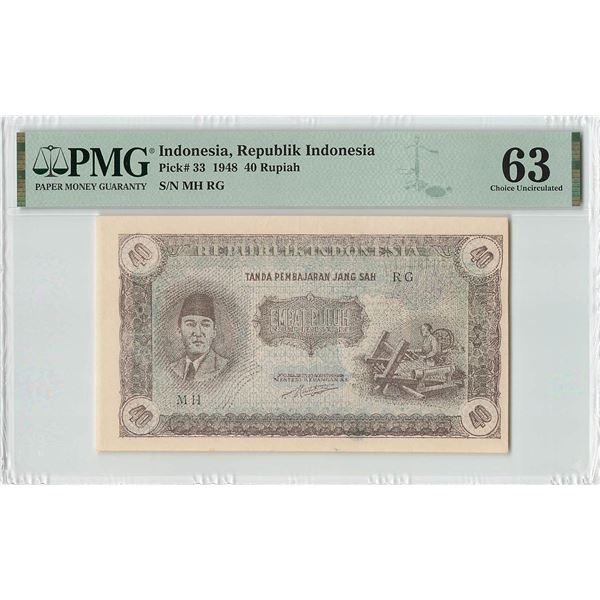 Indonesia 40 Rupiah 1948 Pick 33 PMG Choice Uncirculated 63