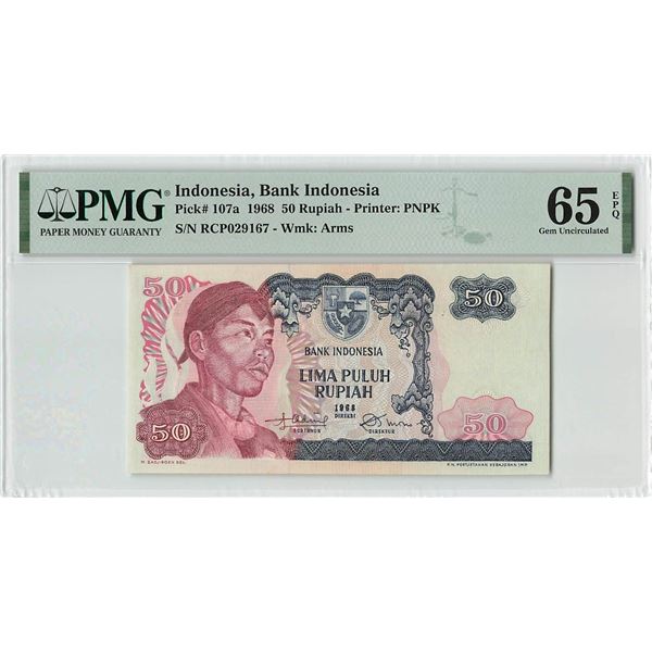 Indonesia 50 Rupiah 1968 Pick 107 PMG Gem Uncirculated 65 EPQ