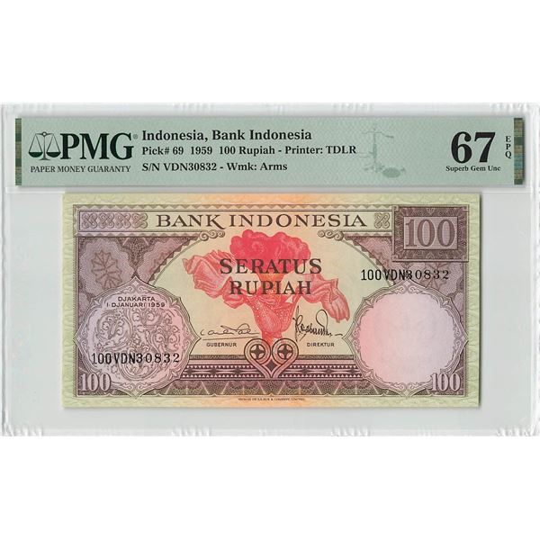 Indonesia 100 Rupiah 1959 TDLR Pick 69 PMG Superb Gem Uncirculated 67 EPQ