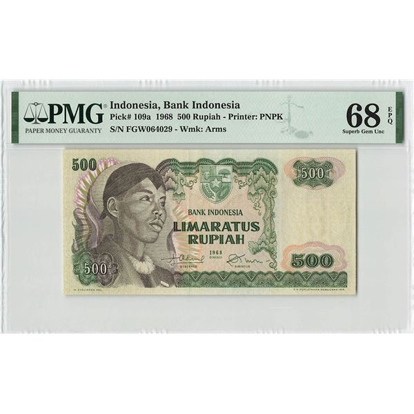 Indonesia 500 Rupiah 1968 Pick 109a PMG Superb Gem UNC 68 EPQ