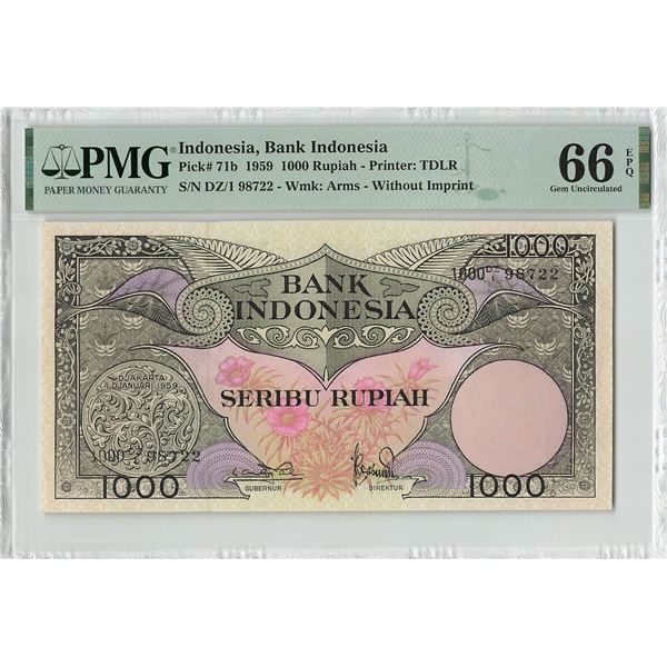 Indonesia 1000 Rupiah 1959 Pick 71b PMG Gem Uncirculated 66 EPQ