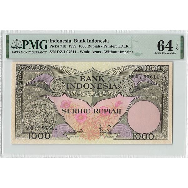 Indonesia 1000 Rupiah 1959 Pick 71b PMG Choice Uncirculated 64 EPQ
