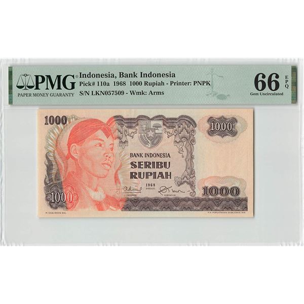 Indonesia 1000 Rupiah 1968 Pick 110a PMG Gem Uncirculated 66 EPQ