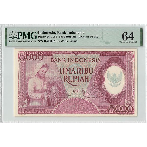 Indonesia 5000 Rupiah 1958 Pick 64 PMG Choice Uncirculated 64