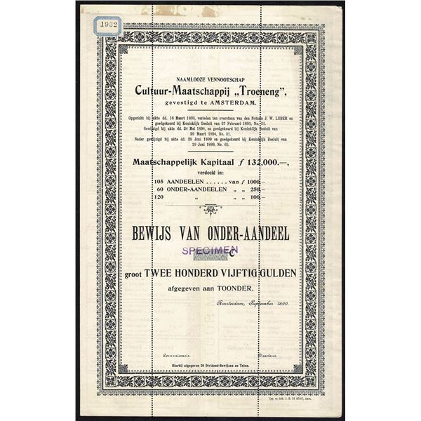 Netherlands Indies 250 Gulden 1893 Culture Society Troeneng Specimen Bond