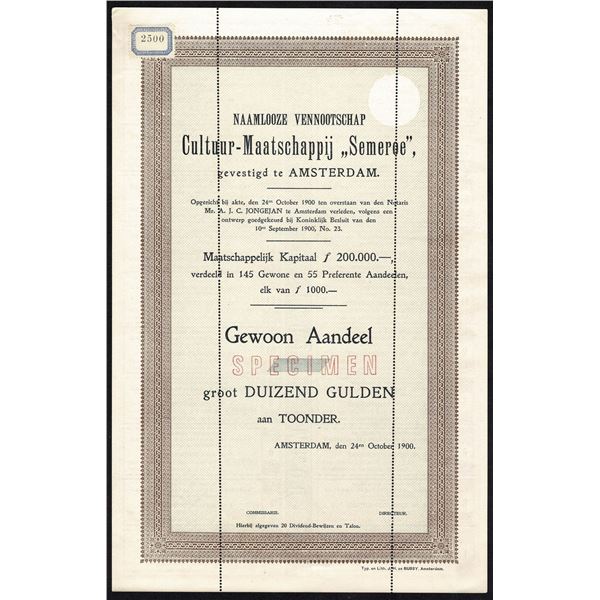 Netherlands Indies 1000 Gulden 1900 Culture Society Semeroe Specimen Bond