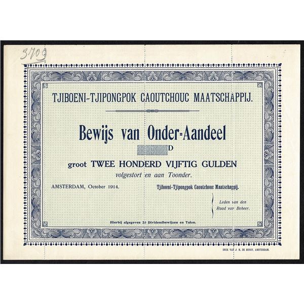 Netherlands Indies 250 Gulden 1914 Tjiboeni-Tjipongpok Gaoutchouc Society Bond