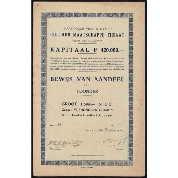 Netherlands Indies 500 Gulden 1923 Batavia Culture Society Tjisaat Bond