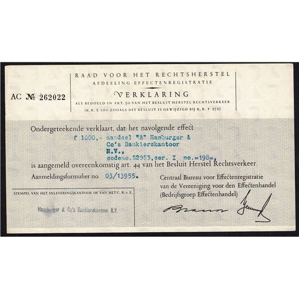 Netherlands 1000 Gulden ''A'' Hamburger & Co's Bank Office N.V. Bond