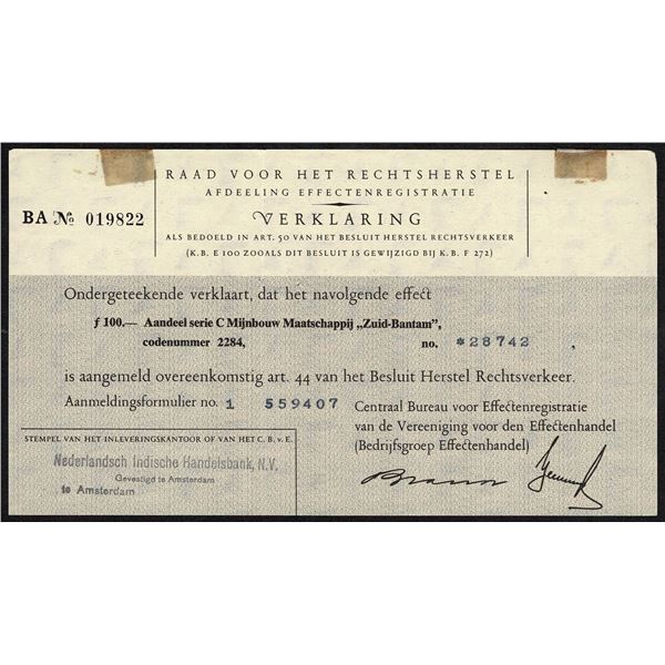 Indonesia 100 Gulden Mining Company South-Bantam Bond Netherlands Indies Commercial Bank Amsterdam