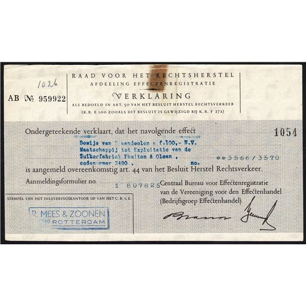 Indonesia 100 Gulden Sugar Factory Java Phaiton & Olean Bond Netherlands Indies