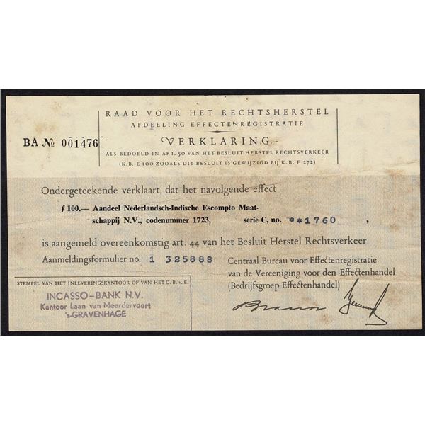 Indonesia 100 Gulden Netherlands Indies Escompto Company Bond Incasso-Bank N.V. 's-Gravenhage