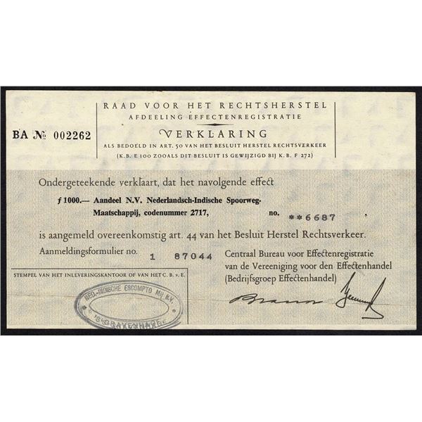 Indonesia 1000 Gulden Netherlands Indies Railway Company Bond N.V. Escomptobank