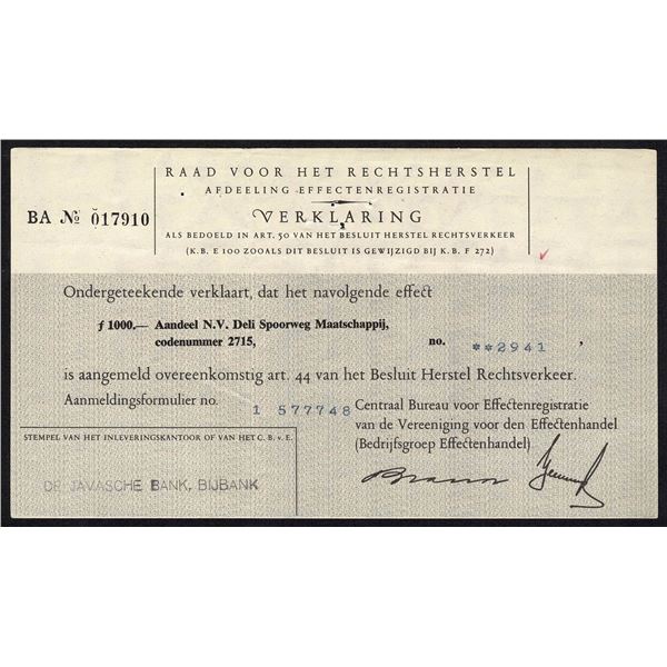 Indonesia 1000 Gulden Javasche Bank Deli Railway Company Bond Netherlands Indies