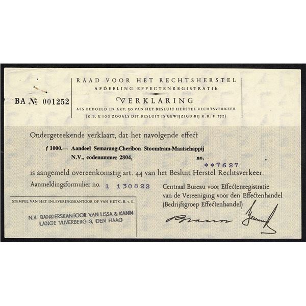 Indonesia 1000 Gulden Semarang-Cheribon Steam Train Company Bond Netherlands Indies