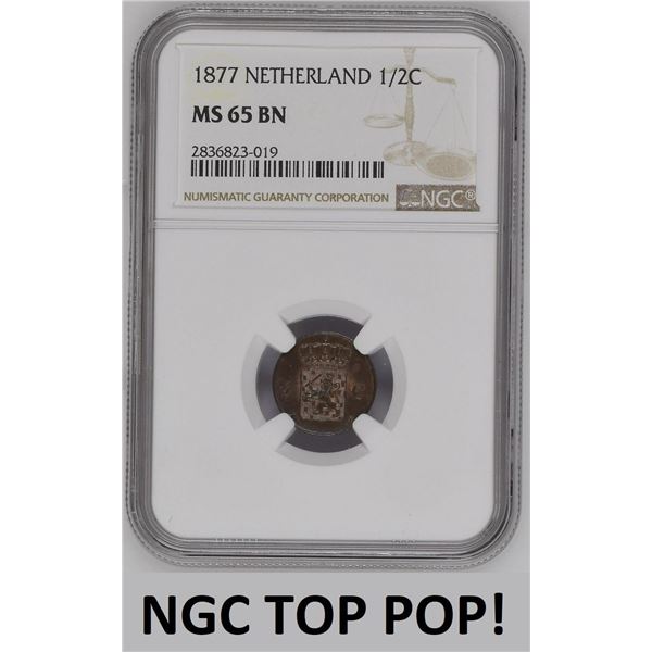 Netherlands ½ Cent 1877 NGC MS65BN TOP POP