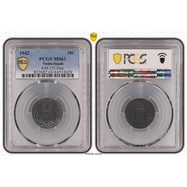Netherlands 10 Cent 1942 KM-173 Zinc PCGS MS63