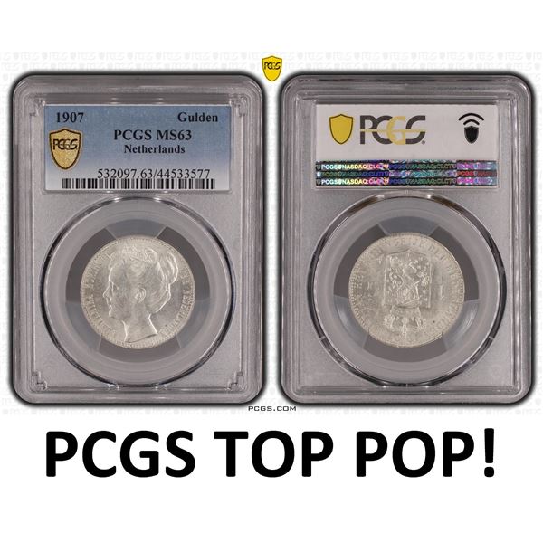 Netherlands 1 Gulden 1907 PCGS MS63 TOP POP