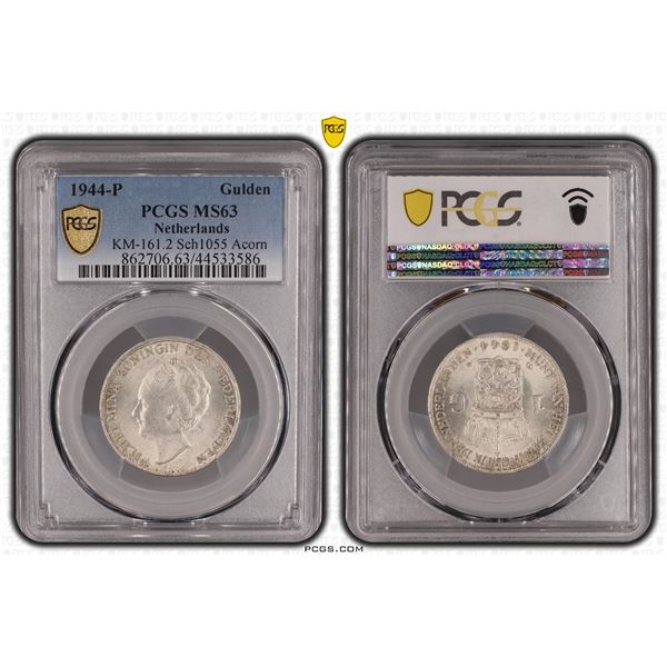 Netherlands 1 Gulden 1944-P KM-161.2 Sch1055 Acorn PCGS MS63