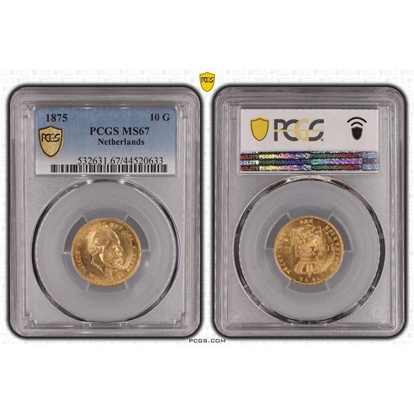 Netherlands 10 Gulden 1875 Gold PCGS MS67