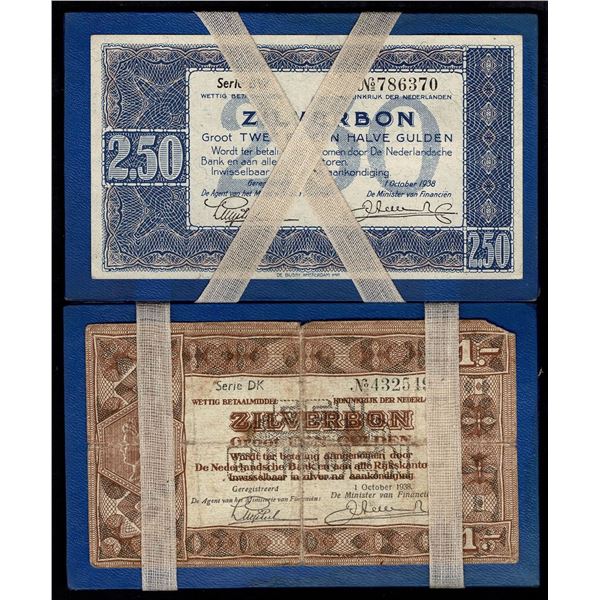 Netherlands 1 & 2½ Gulden 1938 Pick 61 & 62 Zilverbon Etui / Silver Note Wallet Nacom Blue