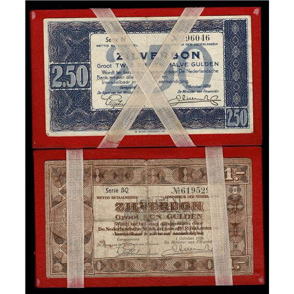 Netherlands 1 & 2½ Gulden 1938 Pick 61 & 62 Zilverbon Etui / Silver Note Wallet Nacom Red