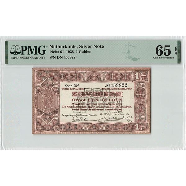 Netherlands 1 Gulden 1938 Silver Note Pick 61 PMG Gem Uncirculated 65 EPQ