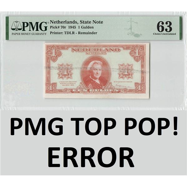 Netherlands 1 Gulden 1945 Remainder / Error Pick 70r PMG Choice UNC 63 TOP POP