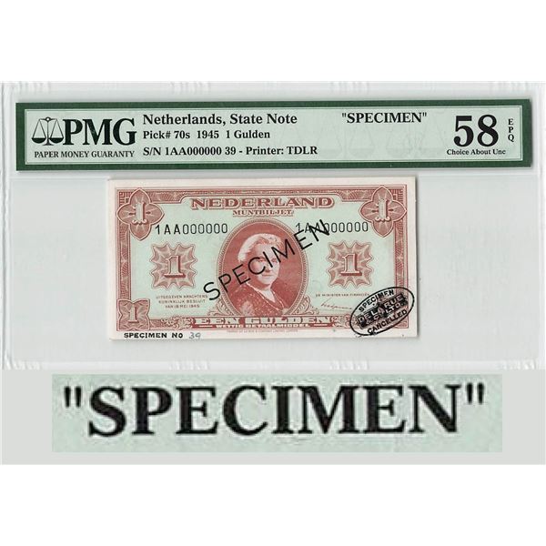 Netherlands 1 Gulden 1945 Specimen Pick 70s PMG Choice About UNC 58 EPQ