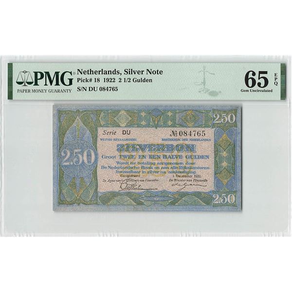 Netherlands 2½ Gulden 1922 Silver Note Pick 18 PMG Gem UNC 65 EPQ
