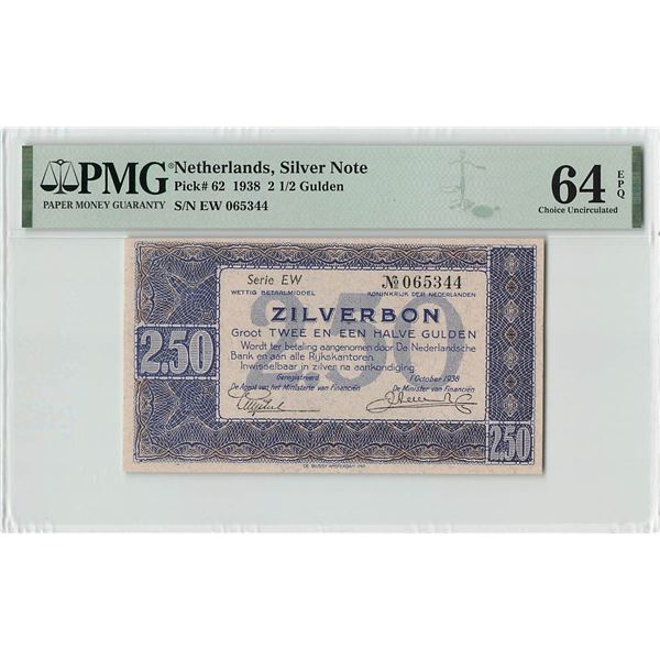 Netherlands 2½ Gulden 1938 Silver Note Pick 62 PMG Choice Uncirculated 64 EPQ