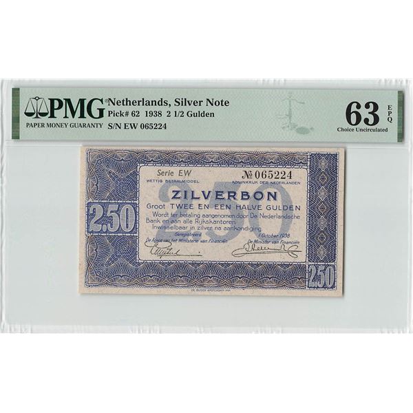Netherlands 2½ Gulden 1938 Silver Note Pick 62 PMG Choice Uncirculated 63 EPQ