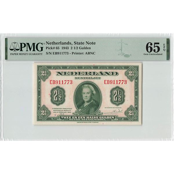 Netherlands 2½ Gulden 1943 State Note ABNC Pick 65 PMG Gem UNC 65 EPQ