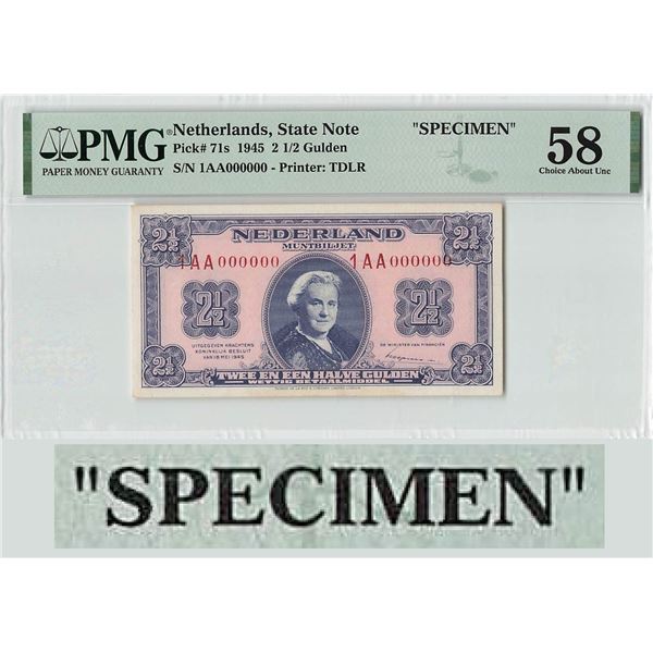Netherlands 2½ Gulden 1945 Specimen State Note Pick 71s PMG Choice About UNC 58
