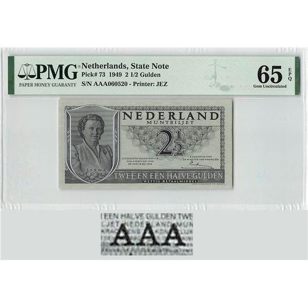 Netherlands 2½ Gulden 1949 AAA 3 Letters State Note Pick 73 PMG Gem Uncirculated 65 EPQ