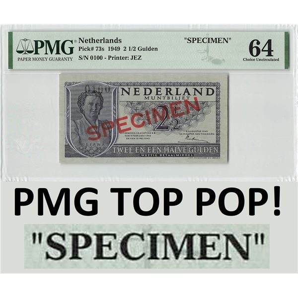Netherlands 2½ Gulden 1949 Specimen Pick 73s PMG Choice Uncirculated 64 TOP POP