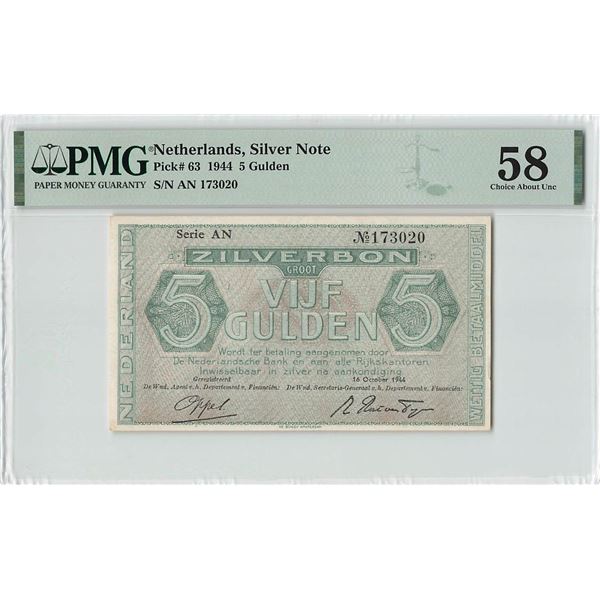 Netherlands 5 Gulden 1944 Silver Note Pick 63 PMG Choice About UNC 58