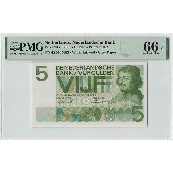 Netherlands 5 Gulden 1966 Vondel Pick 90a PMG Gem Uncirculated 66 EPQ