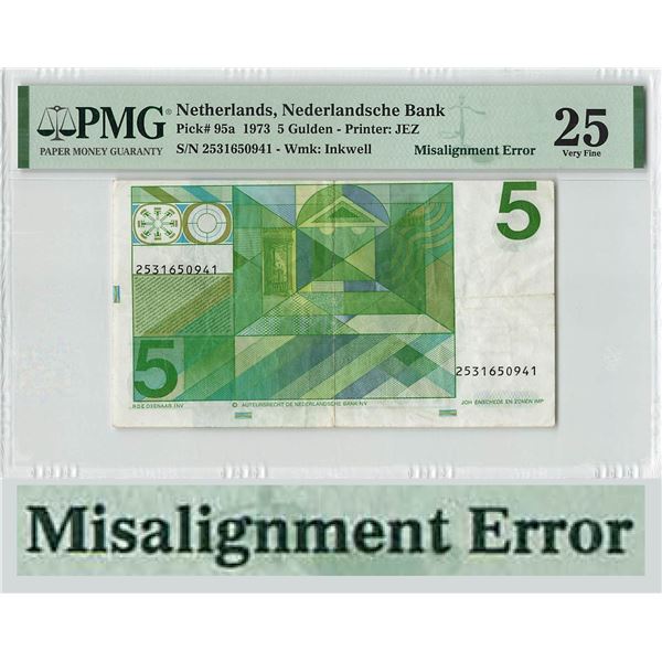 Netherlands 5 Gulden 1973 Misalignment Error Vondel Pick 95 PMG Very Fine 25
